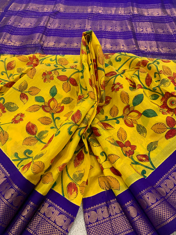 KSC -  Lemon Yellow / Blue Kalamkari Prints Korvai