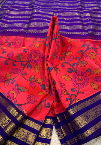 KSC -  Kanagambara Orange / Blue Kalamkari Prints Korvai