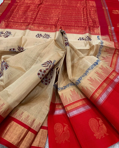 KSC -   Double Shaded Golden Beige with Red Block print Korvai